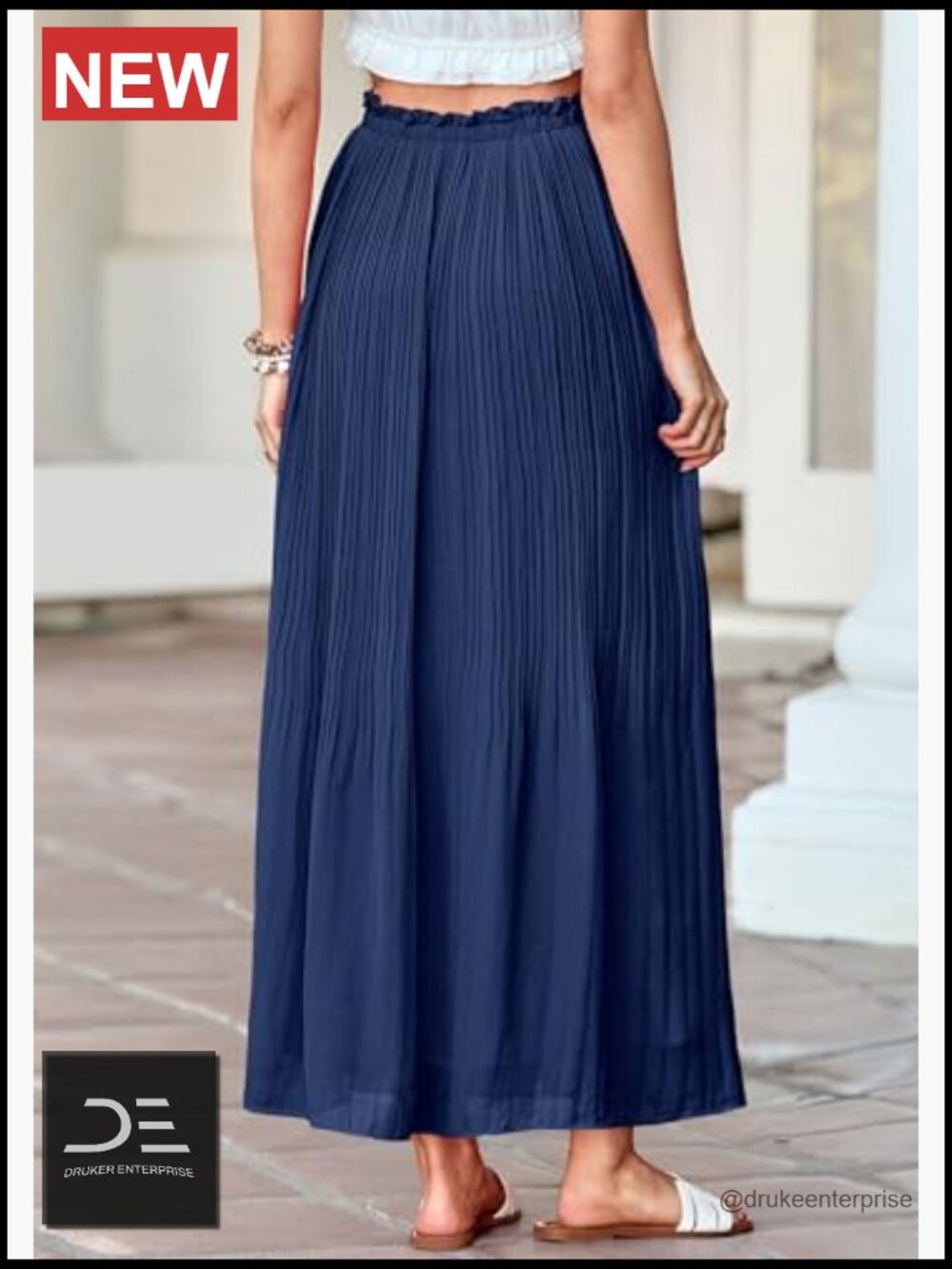 Flowy A-Line Pleated Midi Skirt with Elastic Waist, Solid - Picture 4 of 7